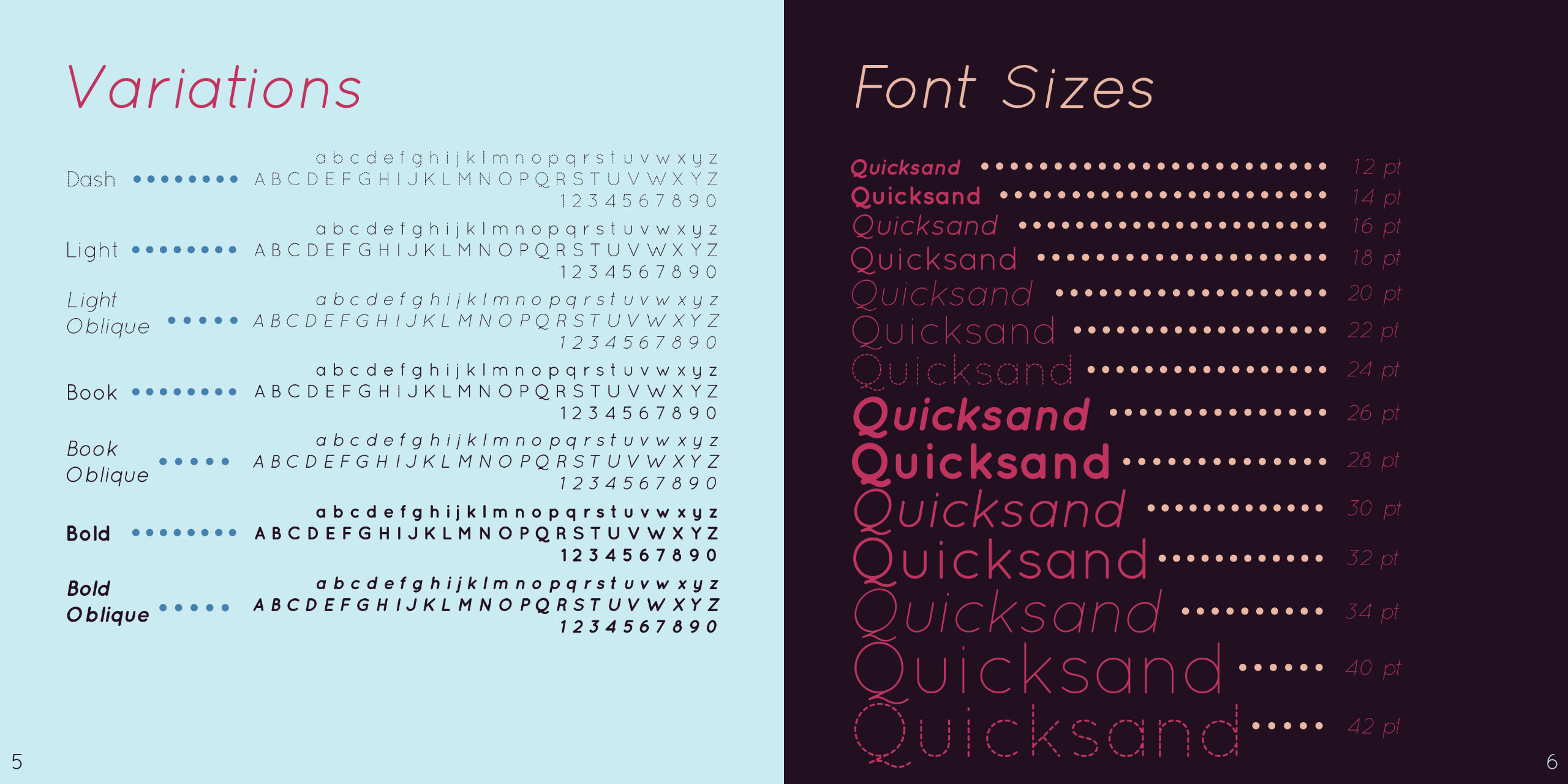 Quicksand Showcase Variations & Font Sizes pages