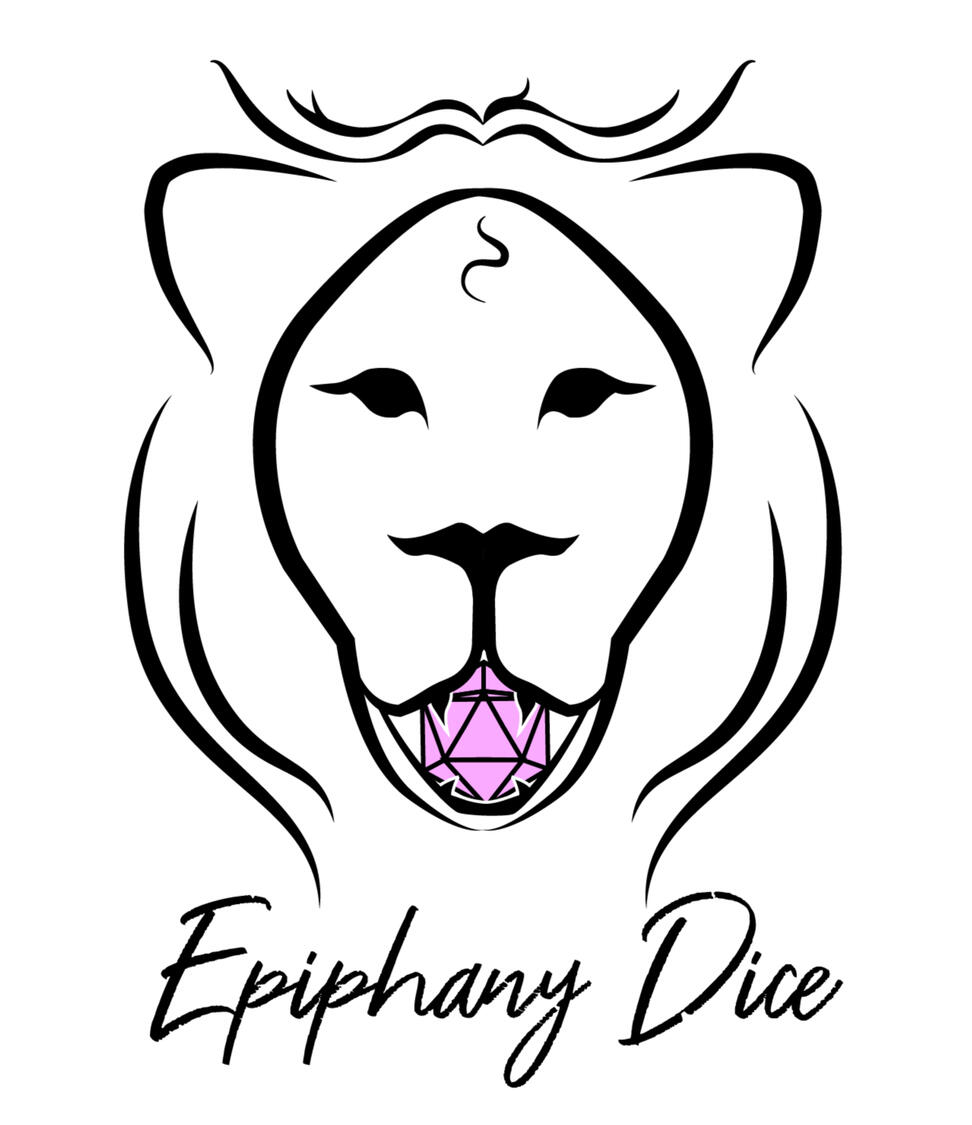 A white background with an abstract lion drawn in thick strokes and a little baby hair curled on it's forehead. The lion is holding a light pink 20 sided die in it's mouth. Below it reads "Epiphany Dice" in black, appearing as a handwritten font.
