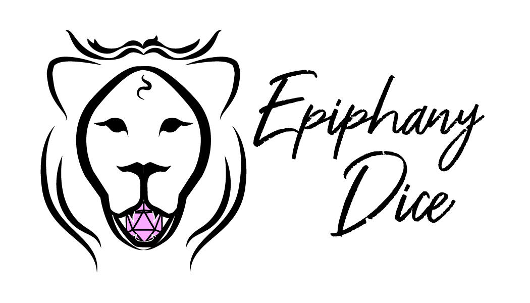 A white background with an abstract lion drawn in thick strokes and a little baby hair curled on it's forehead. The lion is holding a light pink 20 sided die in it's mouth. To the right of it reads "Epiphany Dice" in black, appearing as a handwritten font.