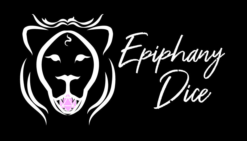 A black background with an abstract lion drawn in thick white strokes and a little baby hair curled on it's forehead. The lion is holding a light pink 20 sided die in it's mouth. To the right of it reads "Epiphany Dice" in white, appearing as a handwritten